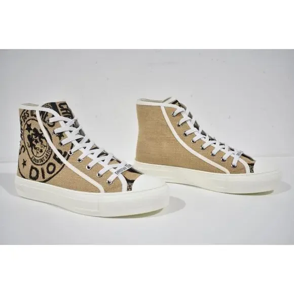Dior Walk'n'dior Union Embroidered Beige Jute Lace Up Flat High Top Sneaker 39.5 - Picture 4 of 12